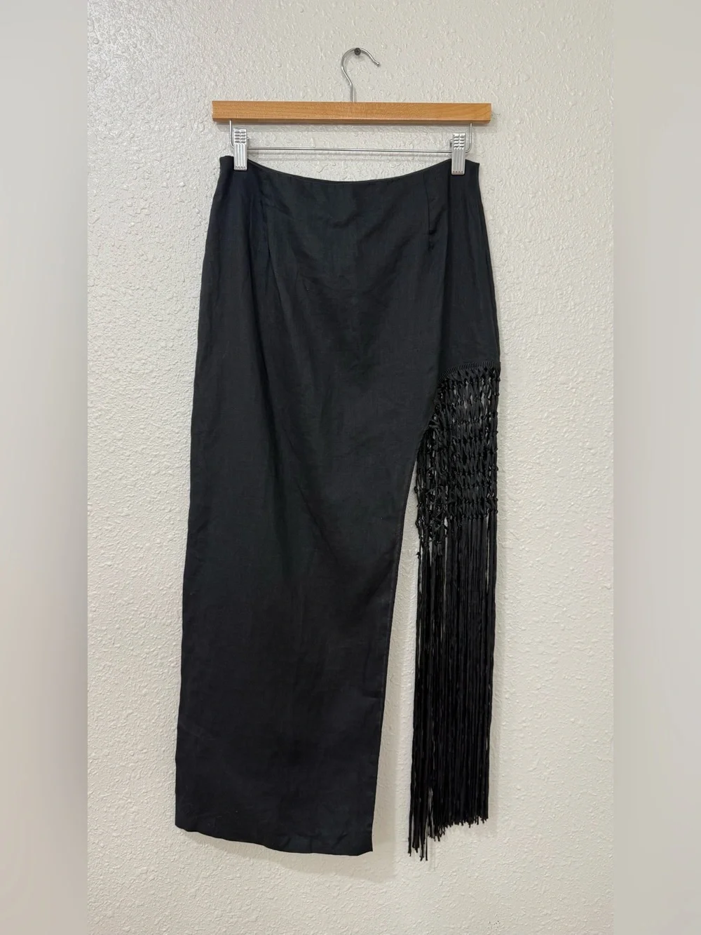 ZARA Black High Waist Fringed Linen Midi Skirt Size XS Bloggers Fave Holiday